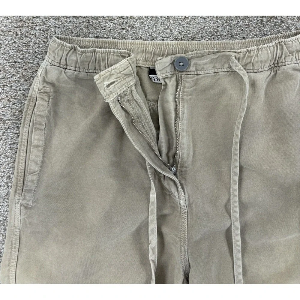 Zara Wide Leg Linen Cotton High Rise‎ Chino Women's Small Neutral Khaki Minimal